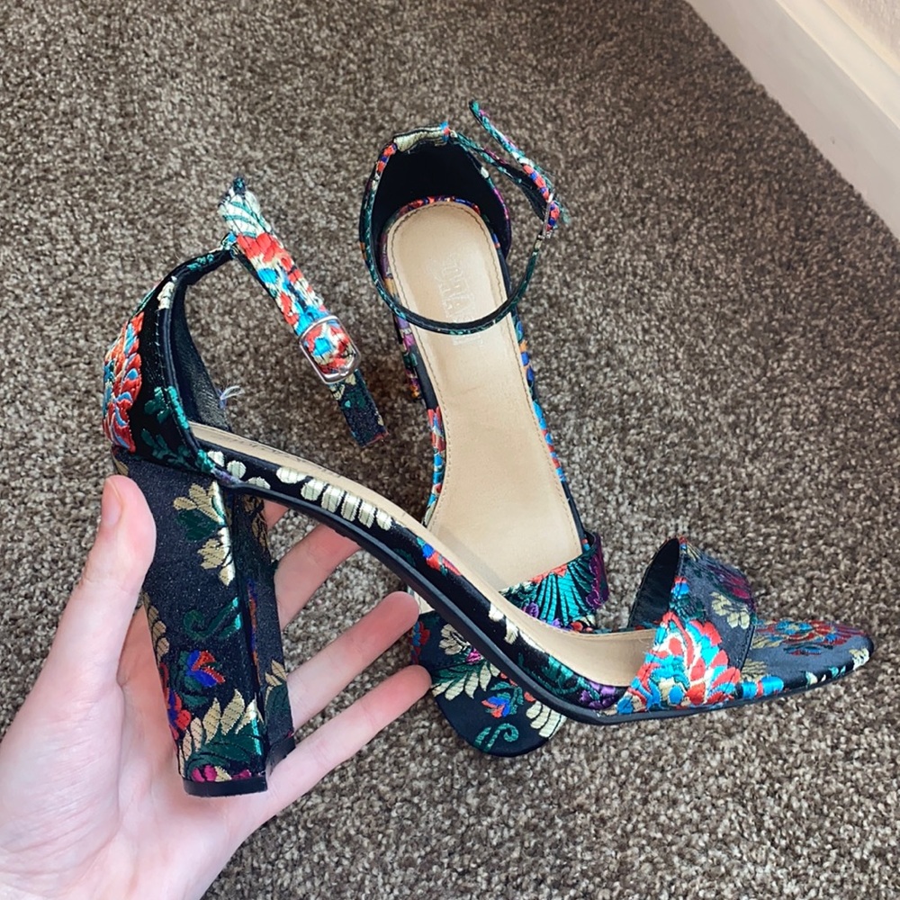 Brash embroidered black chunky heels